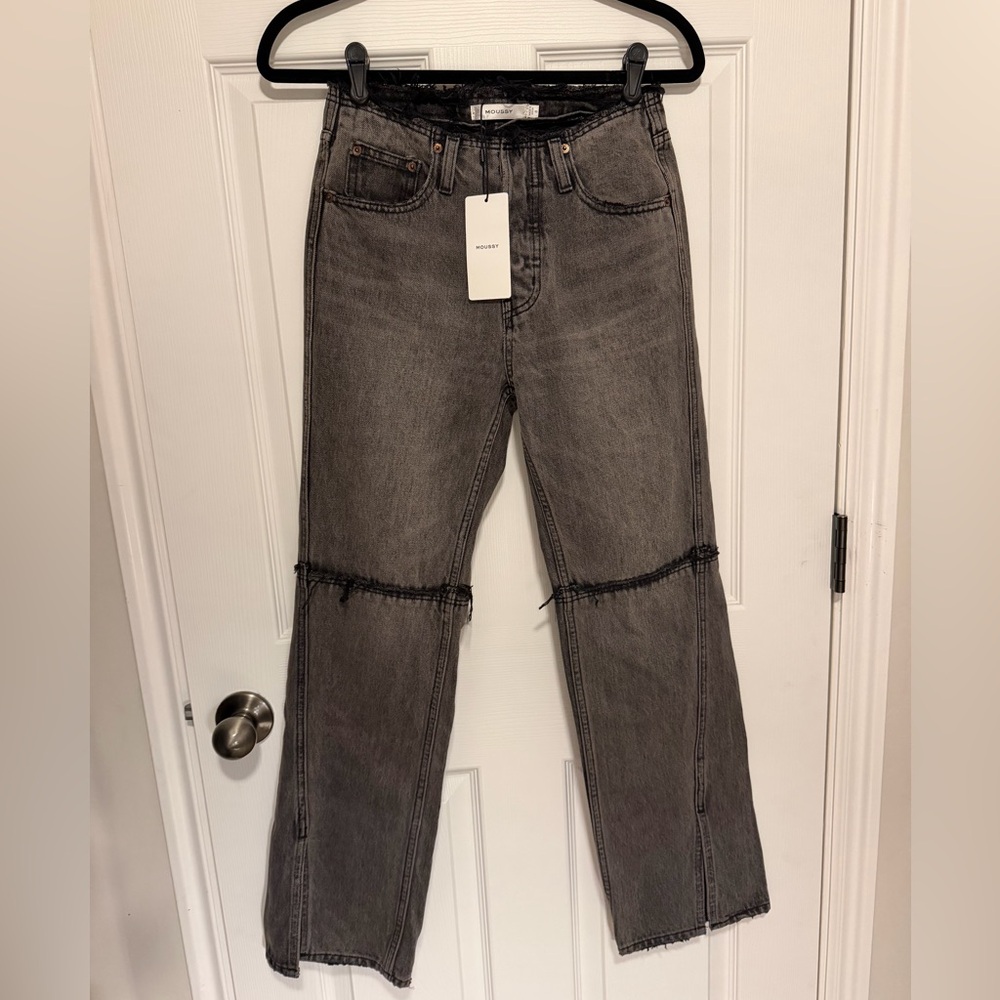 NWT MOUSSY VQ Denim Jeans Black Distressed Split Hem Size 0 $325